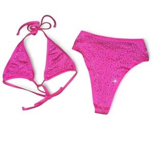 Pink Rhinestone Triangle High Waist Bikini Set Rave Pole Exotic Dance